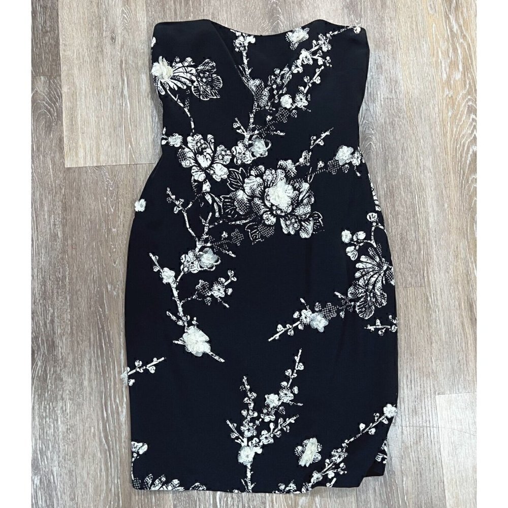 David Meister Sz 4 Black SILK Ivory Lace Floral Strapless Sheath Pencil Dress